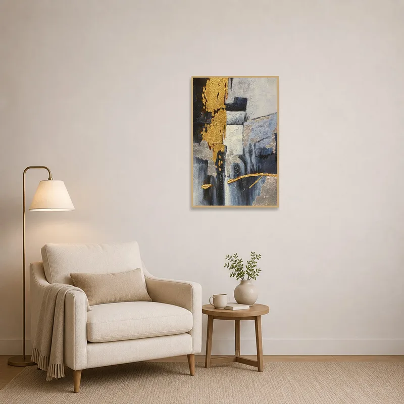A reading corner adorned with the elegant abstract design highlighting gold and silver textures.