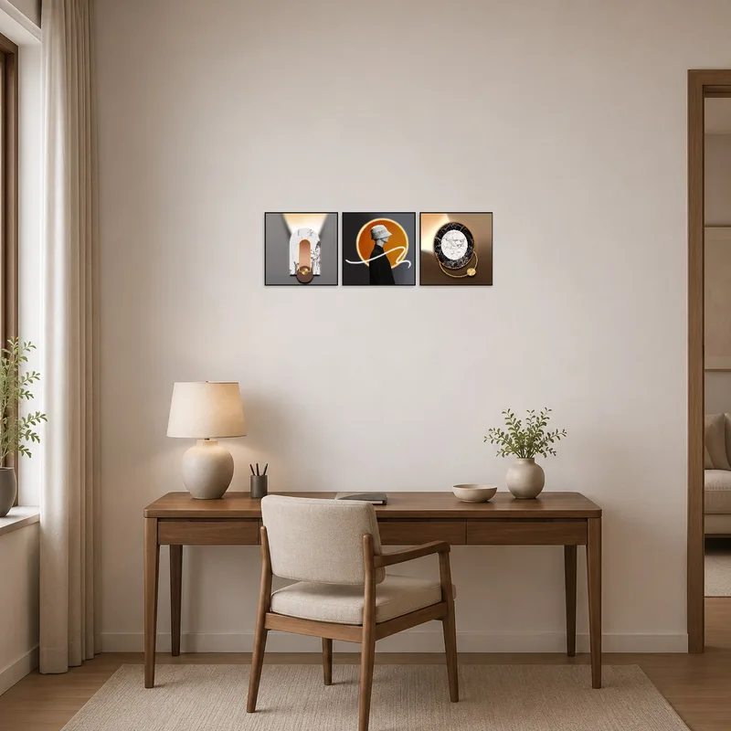 Sophisticated triptych on the wall of a stylish home office.