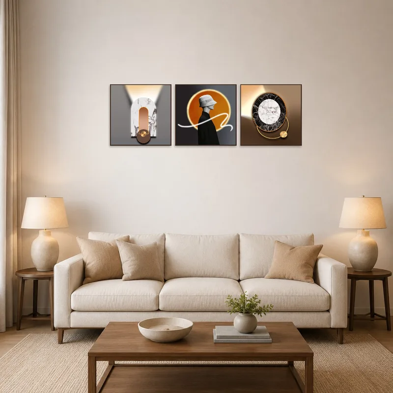 Triptych artwork in a modern living room setting above a sleek sofa.