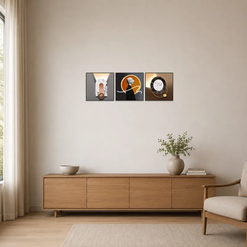 Elegant triptych on a clean, minimalist wall with sparse decor.