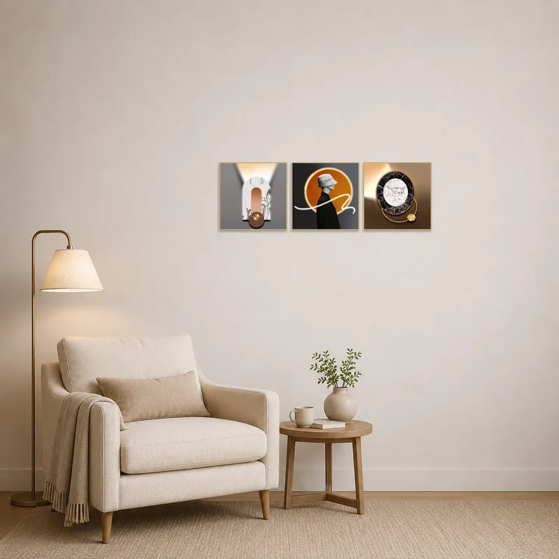 Artistic triptych adding flair to a cozy reading corner atmosphere.