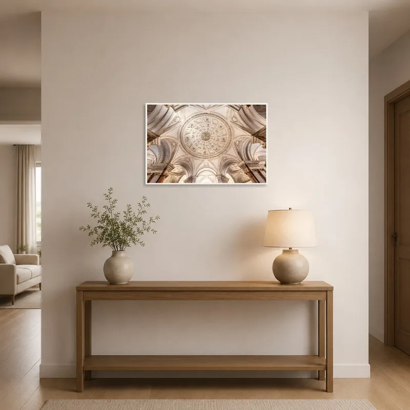 The elegant ceiling design print adds sophistication to a welcoming entrance hall.