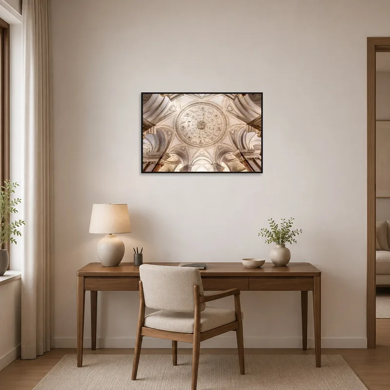 The detailed ceiling design print adds an elegant touch to a stylish home office space.