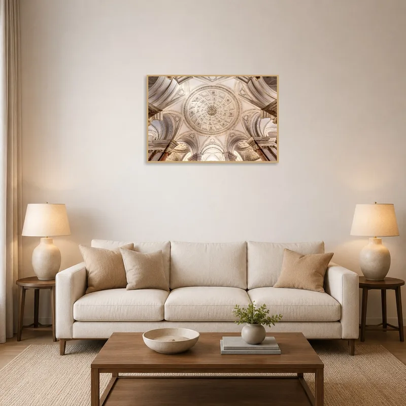 A sophisticated print of an architectural ceiling design hung above a modern living room sofa.