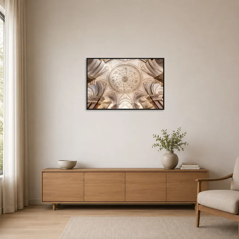 A sleek architectural ceiling print complements the clean lines of a minimalist room.