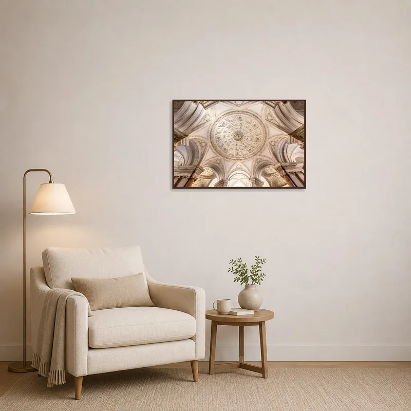 An architectural ceiling print enhances the cozy feel of a well-lit reading corner.