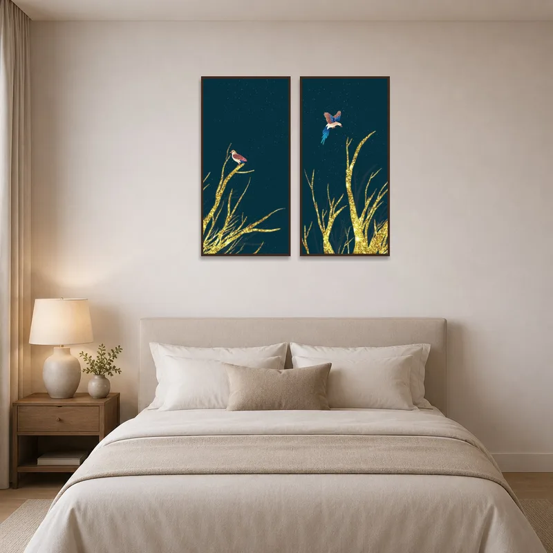 Aviary nightscape art set brings tranquility to the bedroom above the bed.