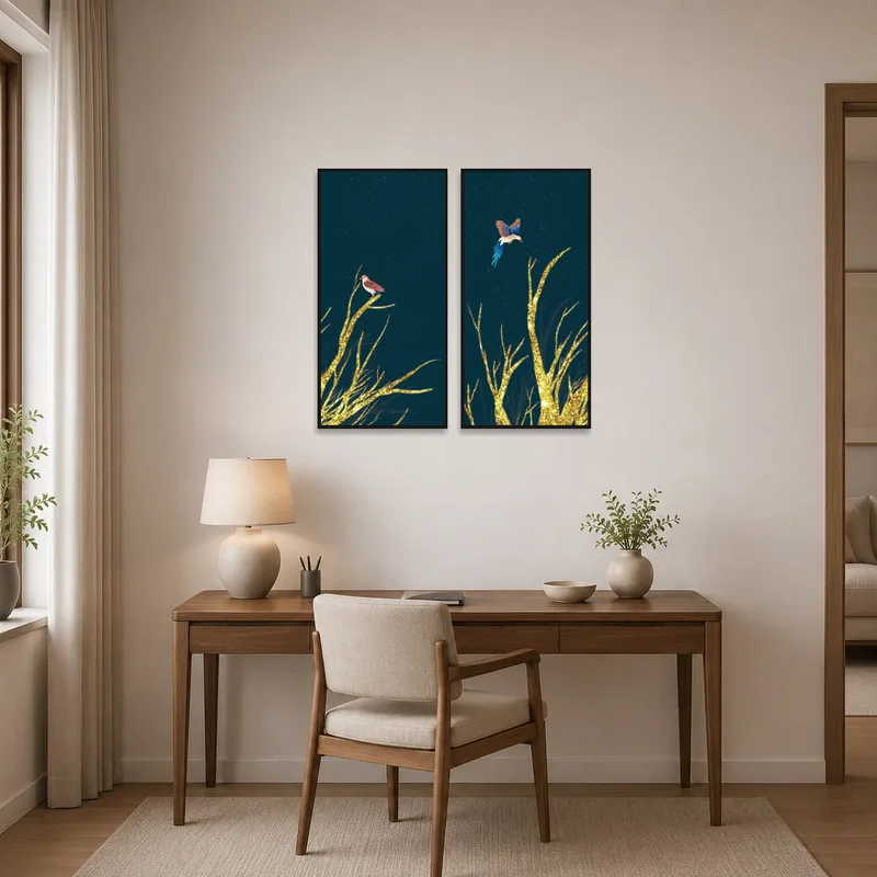 Elegant bird night scenes offer inspiration in a well-organized home office.