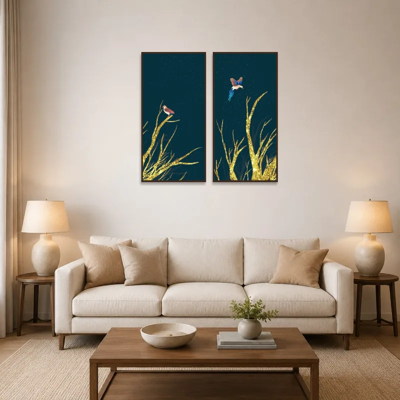 Set of bird-themed night sky prints on a living room wall above a modern sofa.