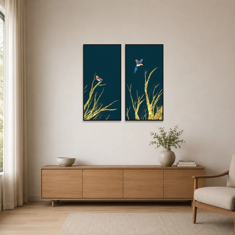 Simple room with aviary nightscape art enhancing the minimalist decor.