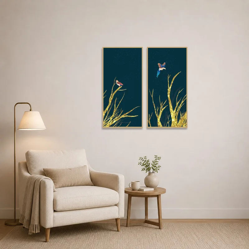 Night sky bird art set providing a serene touch to the reading corner.