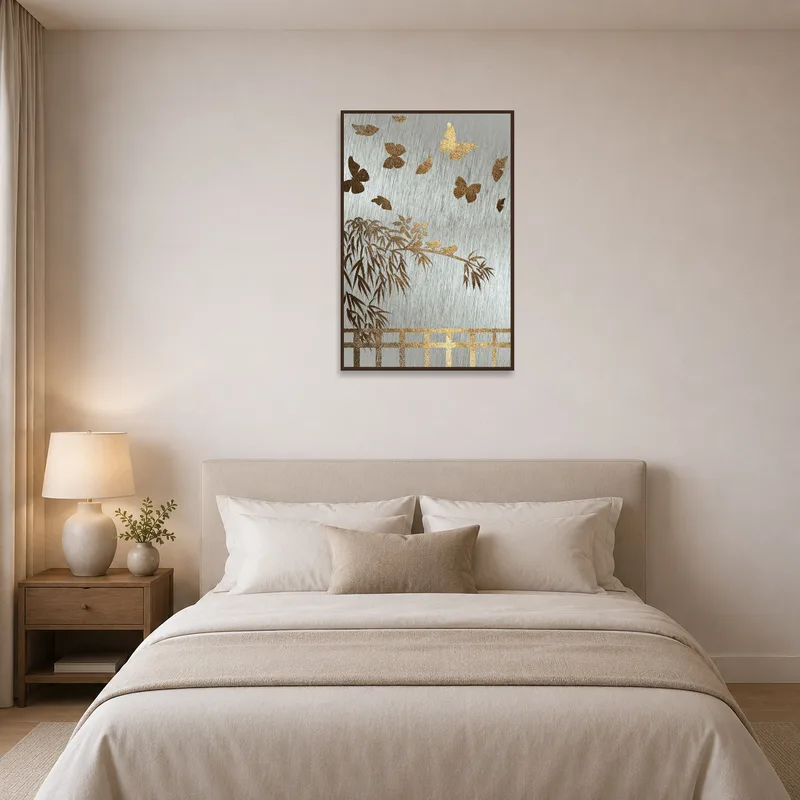 Bedroom wall adorned with a gold bamboo and butterfly art print enhancing serene ambiance.