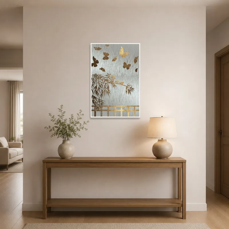 Entrance hall features a gold bamboo and butterfly print, greeting visitors with elegance.