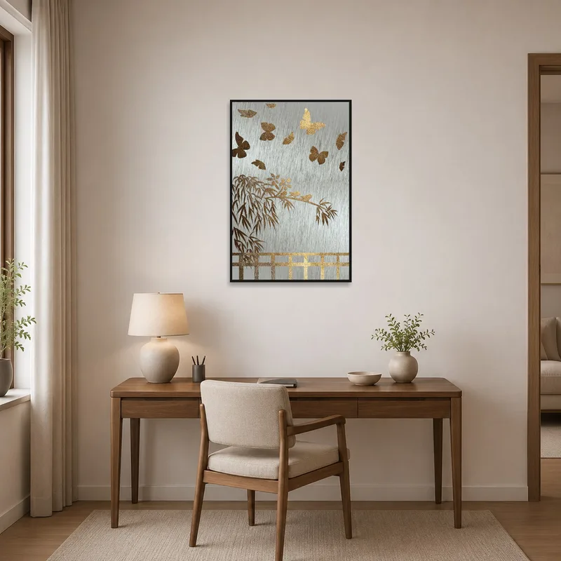 Home office with a gold bamboo and butterfly artwork, inspiring a calm work environment.