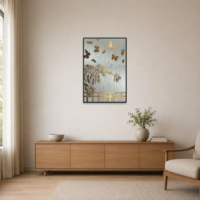 Minimalist room with gold bamboo and butterfly artwork accentuating clean lines.