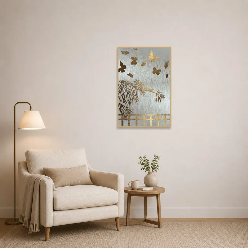 Reading corner adorned with a gold bamboo and butterfly print, adding tranquility to the space.