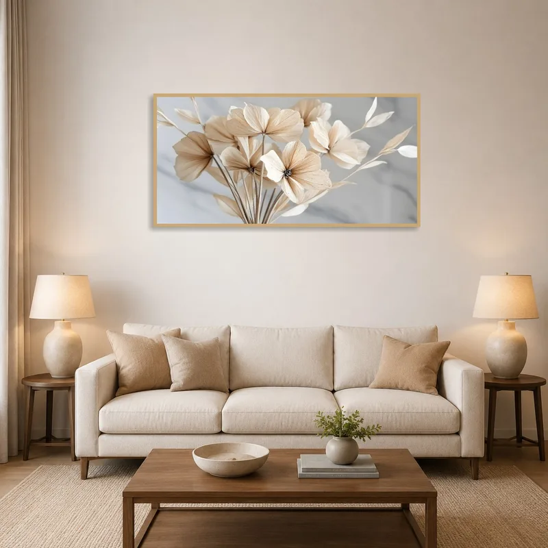 Beige floral artwork adding a serene touch above the living room sofa.