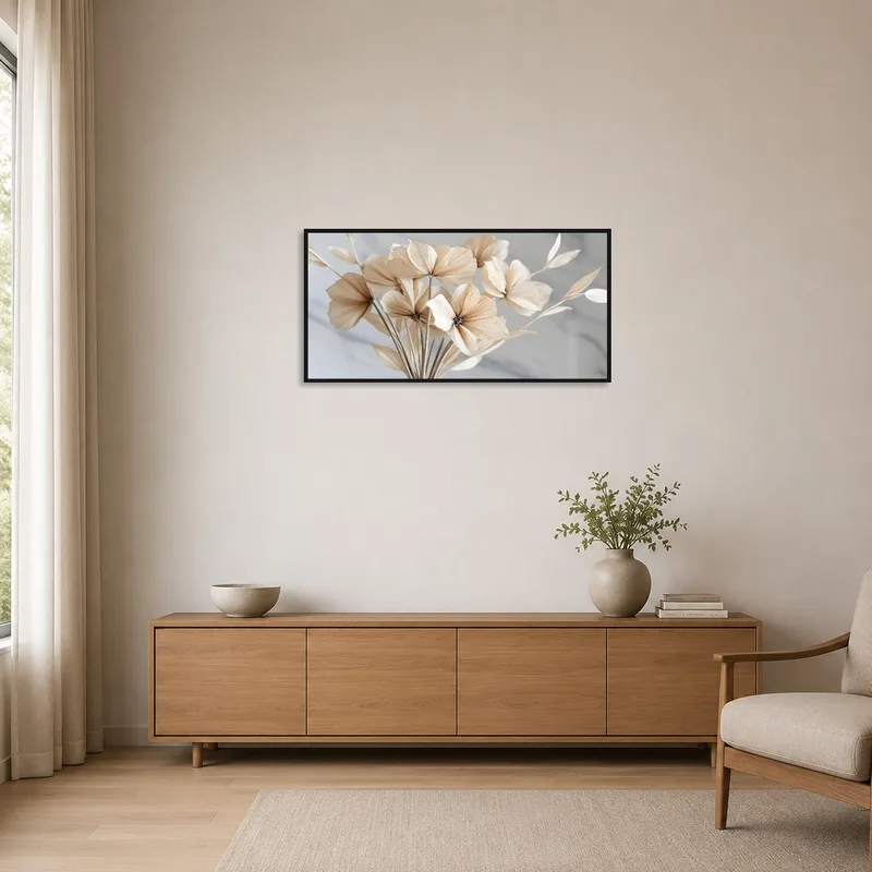 Subtle beige floral artwork enhances the minimalist room vibe.