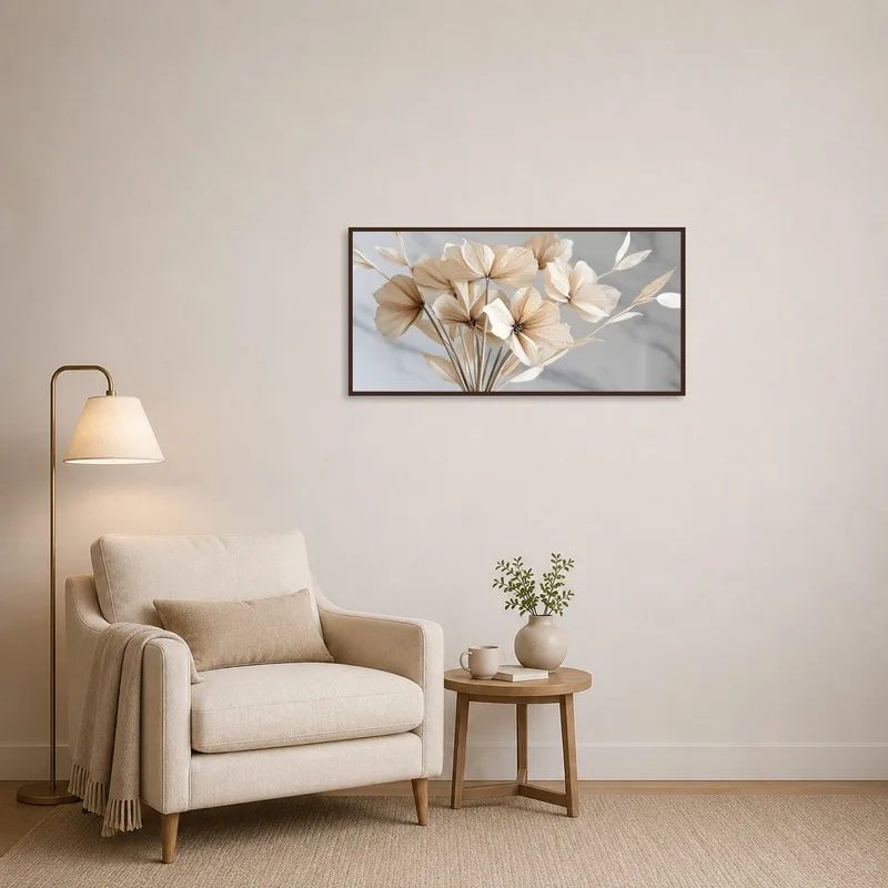 Beige floral artwork creates a calming ambiance in the reading corner.