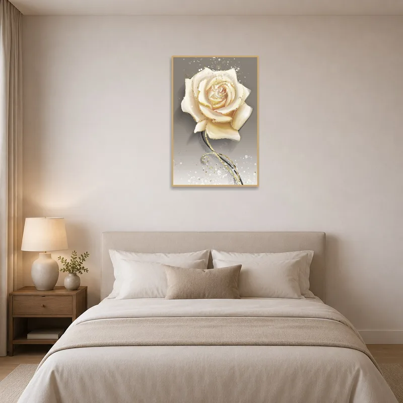 Beige rose artwork lends serenity to a peaceful bedroom with soft fabrics and muted tones.