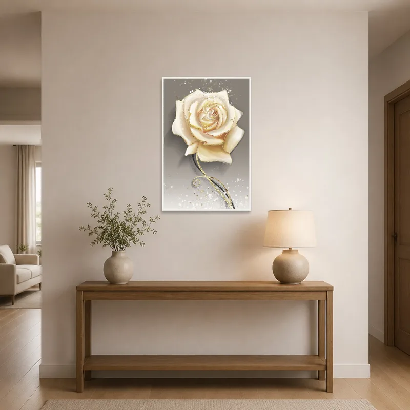Elegant beige rose art greets guests in a sophisticated entrance hall with chic accents.