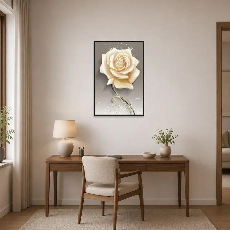 Elegant beige rose piece adds charm and subtlety to a refined home office setting.