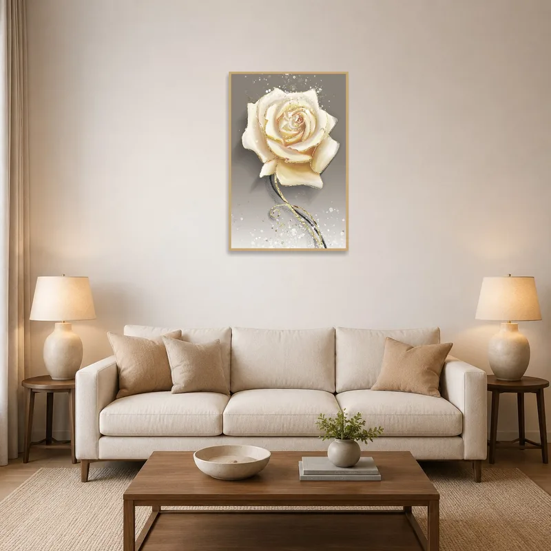 Beige rose art on textured background in a cozy living room with soft lighting and neutral decor.