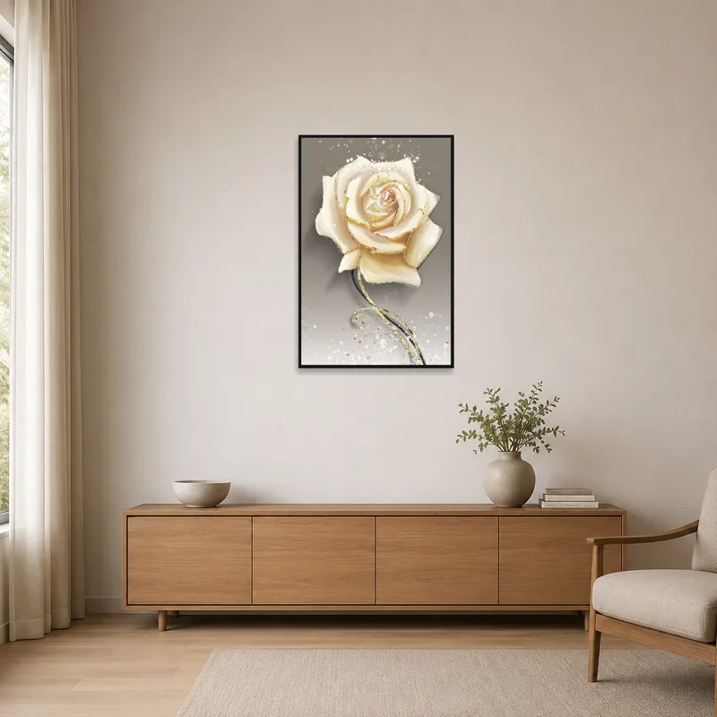 Beige rose artwork enhances a minimalist space with clean lines and a muted color palette.