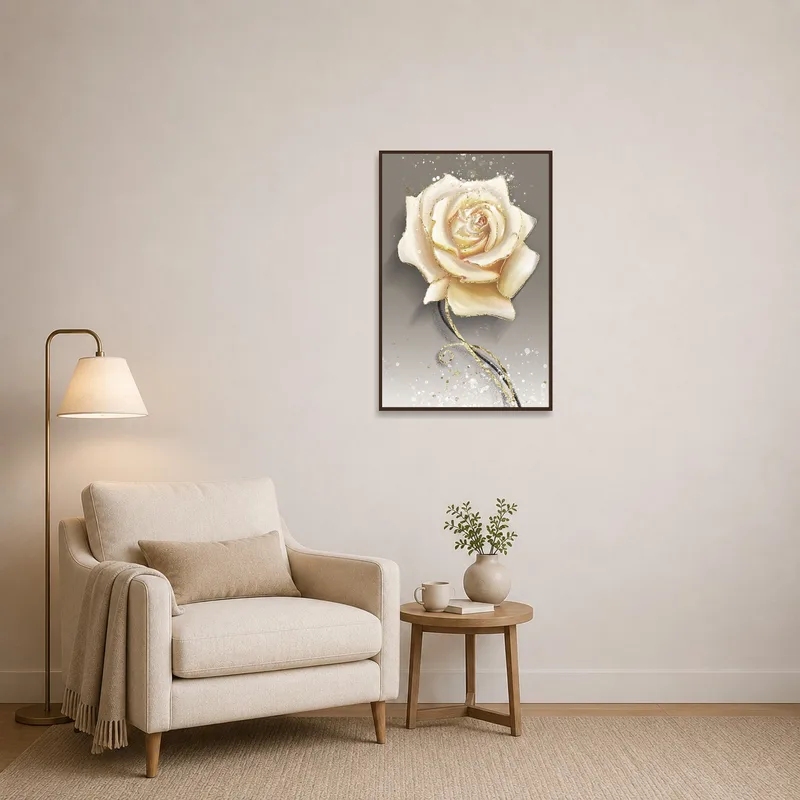 Reading corner features a calming beige rose artwork adding warmth and tranquility.