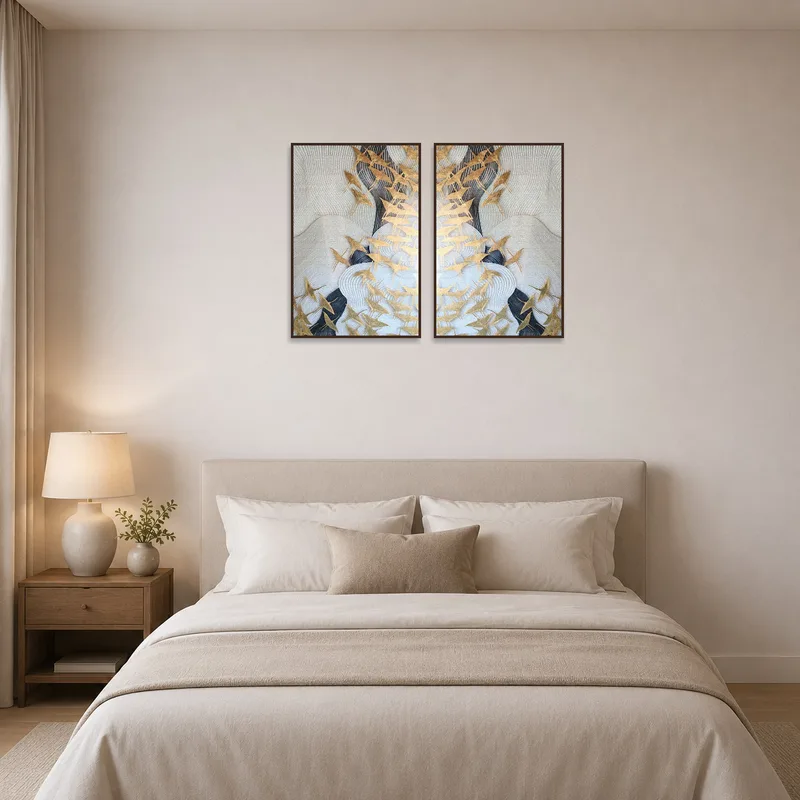 A bedroom with the Elegant Bird Flock in Textured Waves Set enhancing the peaceful ambience.
