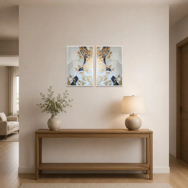 An entrance hall featuring the Elegant Bird Flock in Textured Waves Set as the focal point.