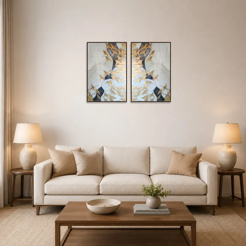A living room with the Elegant Bird Flock in Textured Waves Set above a stylish sofa.