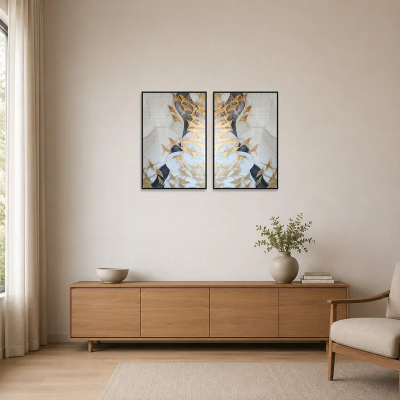 A minimalist room showcasing the Elegant Bird Flock in Textured Waves Set on a clean wall.