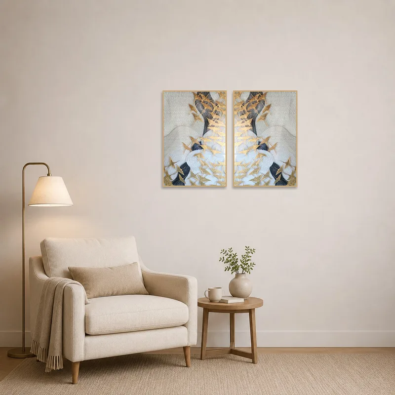 A reading corner adorned with the Elegant Bird Flock in Textured Waves Set, adding tranquility.