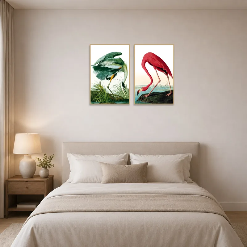 Heron and flamingo set adorns a serene bedroom setting.