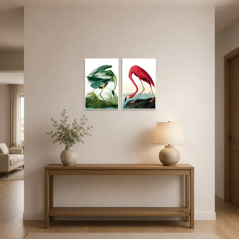 Illustrations of birds enhance an elegant entrance hall.