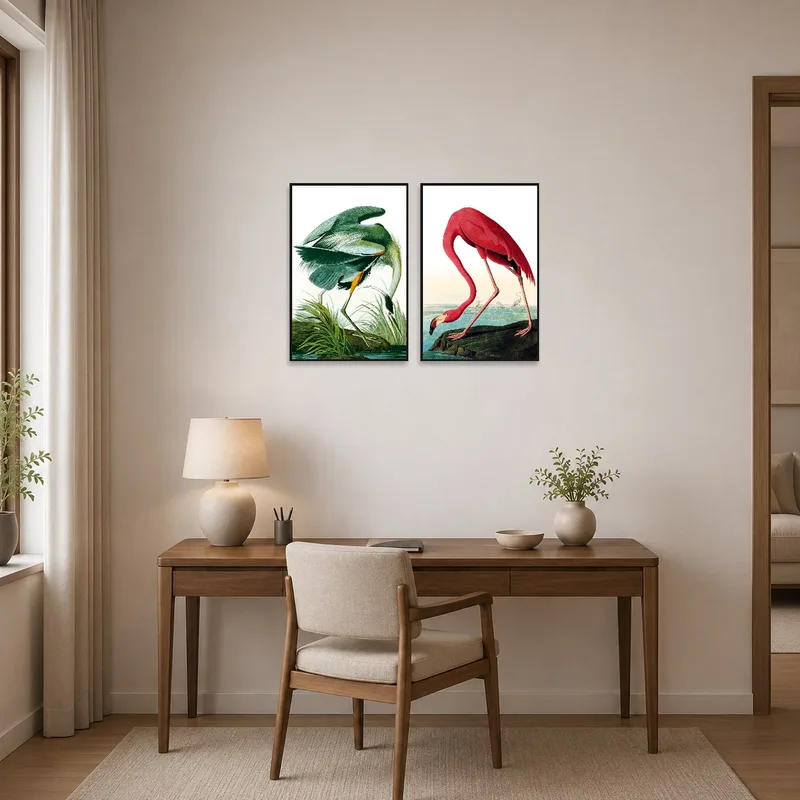 Elegant bird illustrations inspire creativity in a home office.