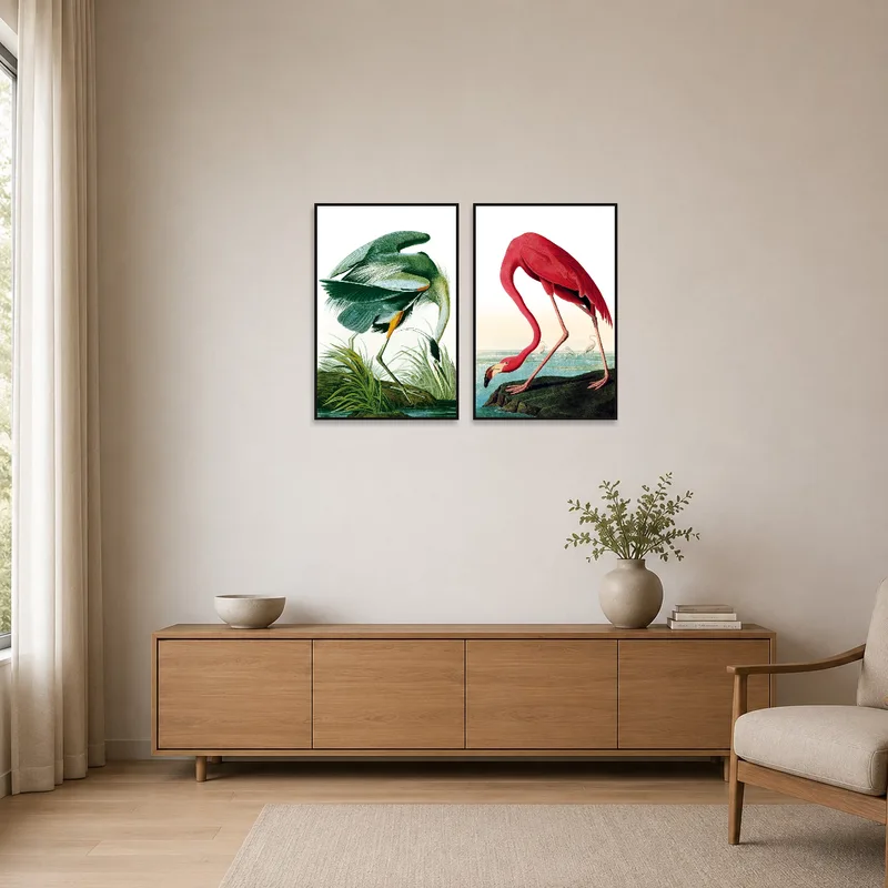 Heron and flamingo artworks complement a minimalist space.
