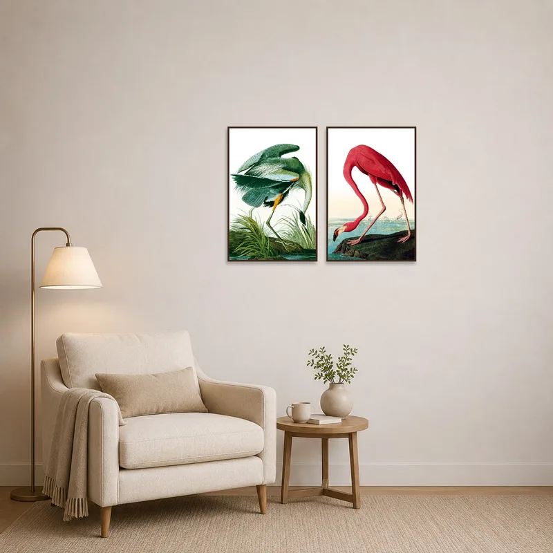 Bird illustrations create a soothing atmosphere in a reading corner.