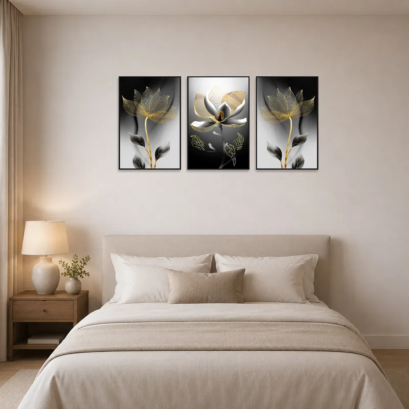 Serene bedroom with black and gold floral art adding a touch of elegance.
