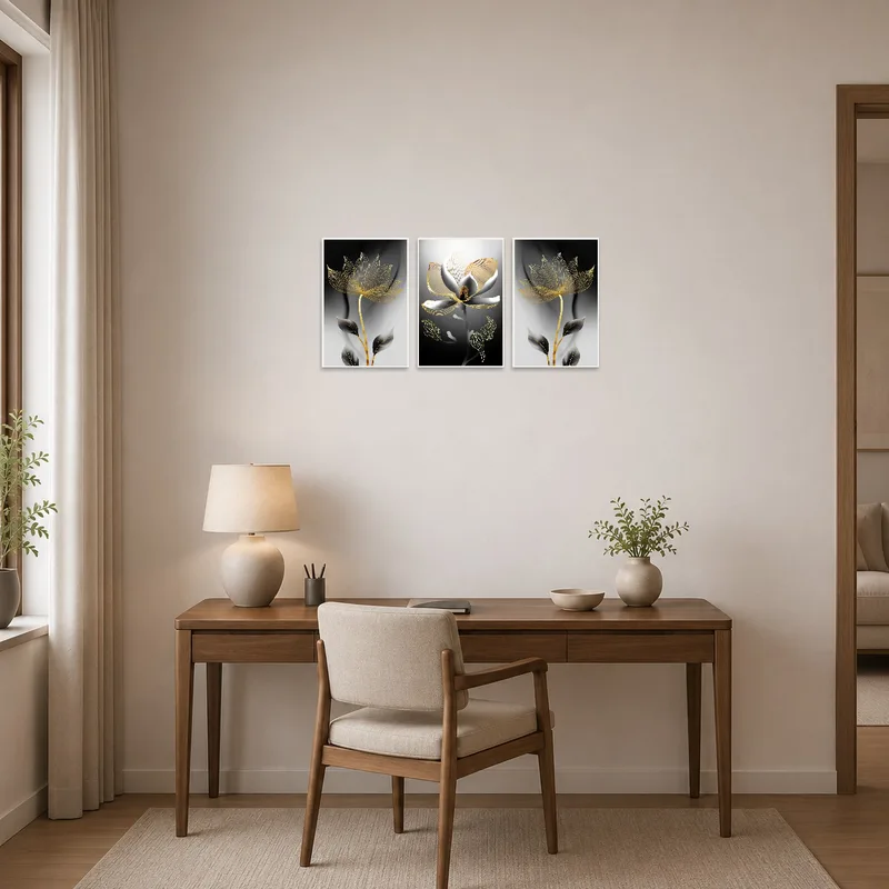 Sophisticated home office featuring a bold black and gold floral series.