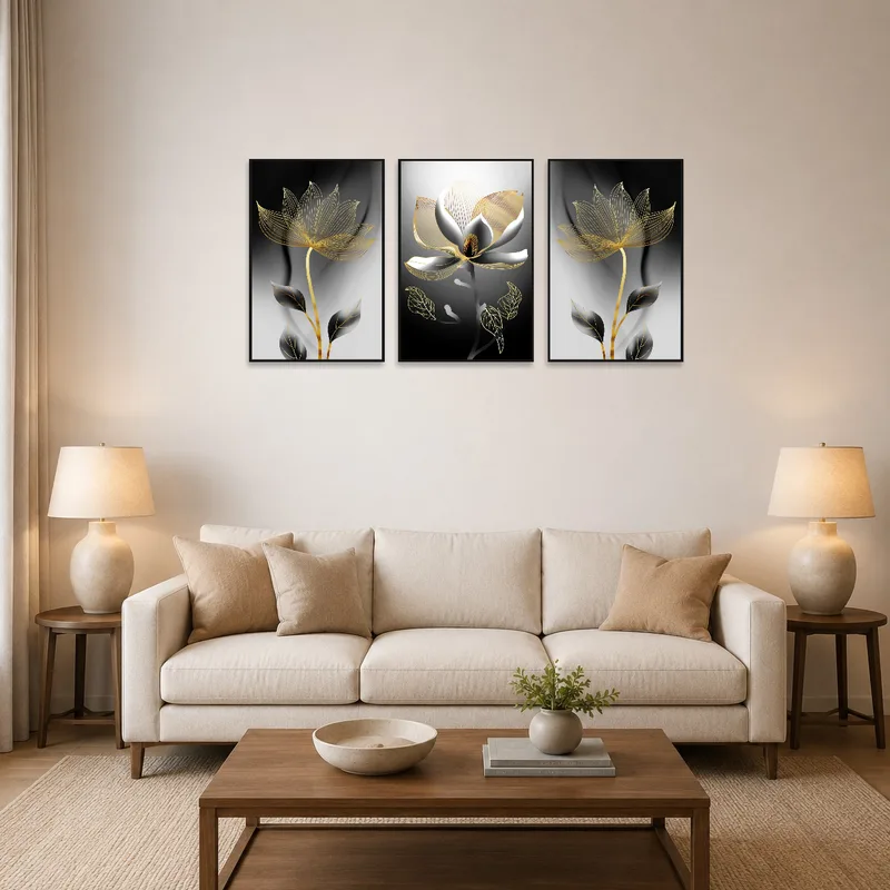 Triptych of black and gold flowers displayed above a modern living room sofa.