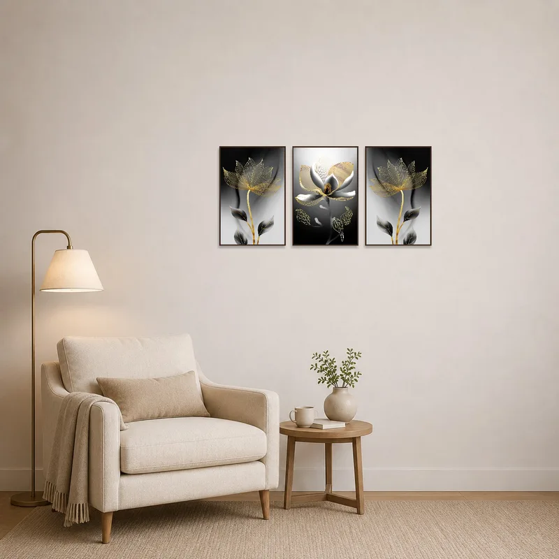 Golden-hued floral triptych enhancing a cozy reading corner.