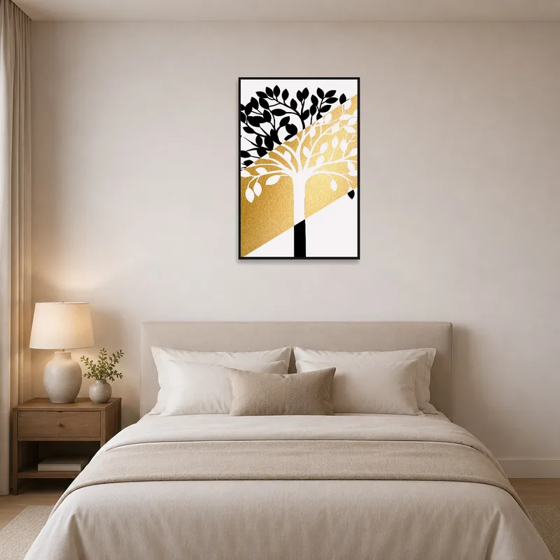 Elegant Black and Gold Tree Art Print creating a serene atmosphere in the bedroom.