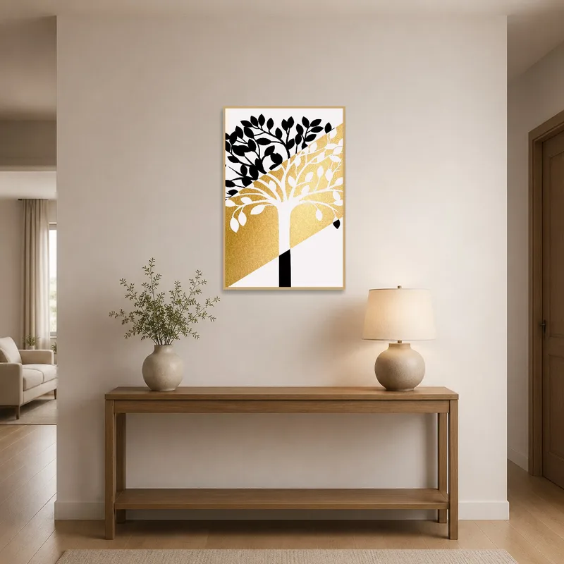 Elegant Black and Gold Tree Art Print in an entrance hall welcoming guests with a touch of luxury.