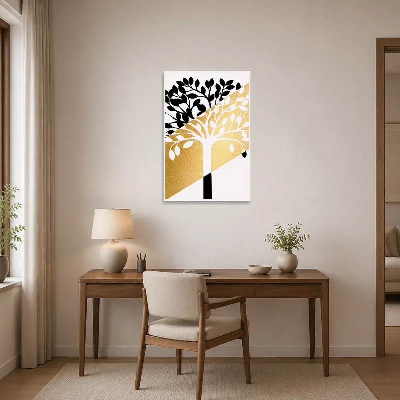 Elegant Black and Gold Tree Art Print enhancing the aesthetic of a home office workspace.