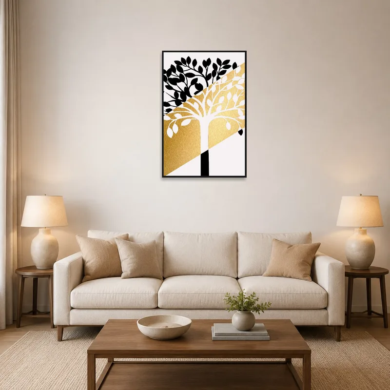 Elegant Black and Gold Tree Art Print in a stylish living room above a modern sofa.