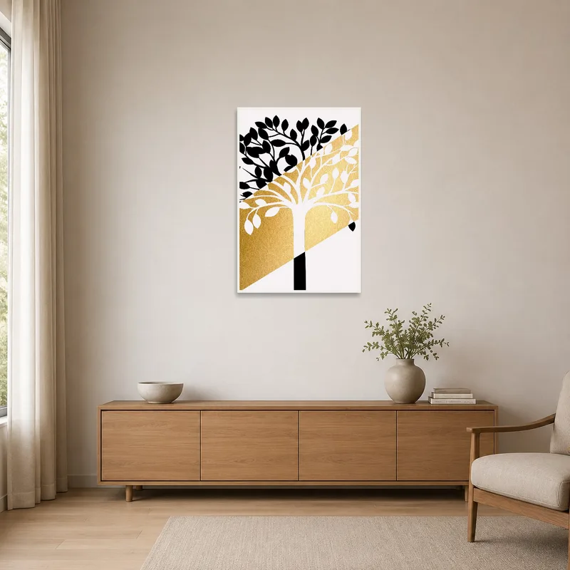 Elegant Black and Gold Tree Art Print in a minimalist room with simple furnishings.