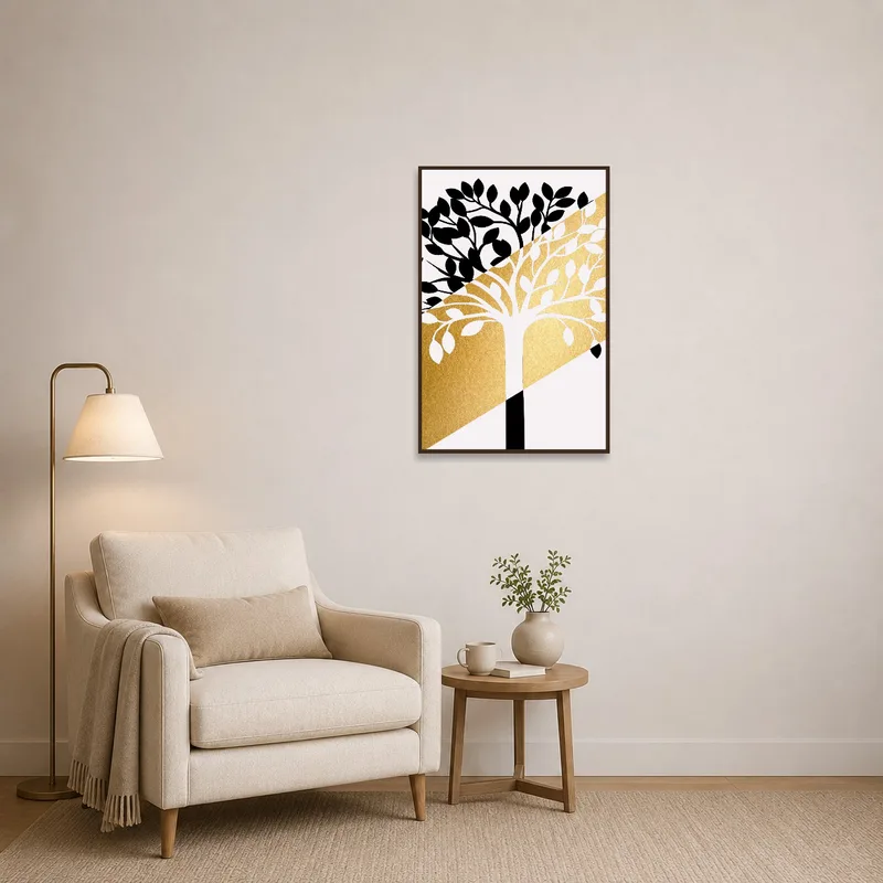 Elegant Black and Gold Tree Art Print adding sophistication to a cozy reading corner.