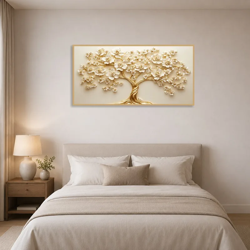 Elegant blossom tree print complements a serene bedroom ambiance.
